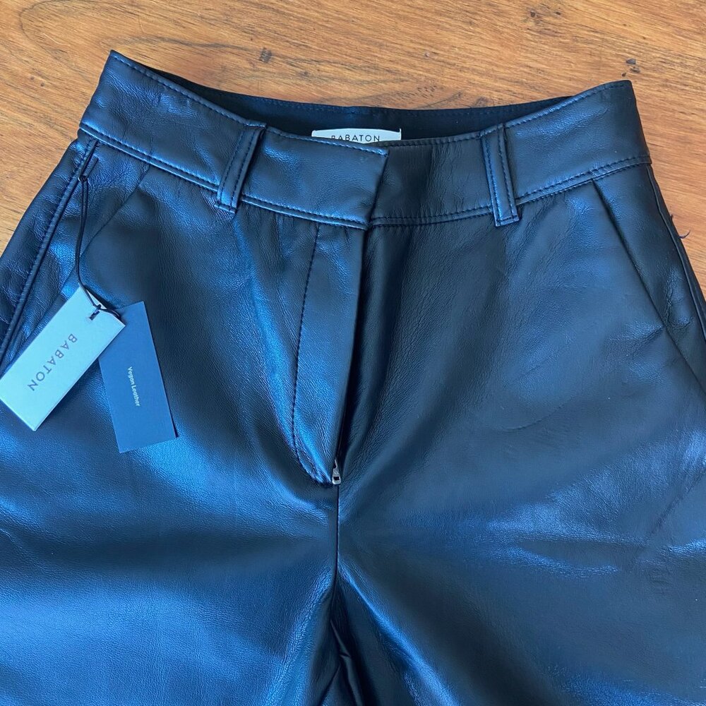 NWT Babaton Black Vegan Leather Straight Leg High Rise Pants Sz 0 - Picture 2 of 4